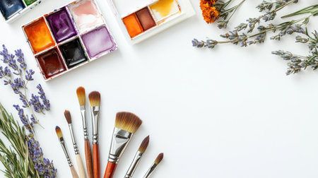 An inviting flat lay of vibrant watercolor paints and brushes alongside dried flowers, capturing the essence of creativity and artistic exploration for various projects.の素材