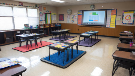 A vibrant classroom setup featuring colorful rugs and desks organized for interactive learning. This space fosters creativity, collaboration, and student engagement in education.の素材