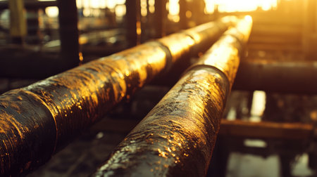 Capture the essence of industrial life with this close-up of pipelines reflecting warm sunset light in an oil refinery, highlighting texture and environment.の素材