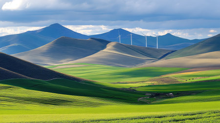 A stunning landscape featuring vibrant green hills rolling beneath majestic mountains. Wind turbines stand tall against a dramatic sky, showcasing natureの素材