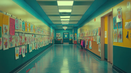 Bright and colorful school hallway featuring children's artwork displayed on walls, promoting creativity and a joyful learning environment. Perfect for educational themes.の素材