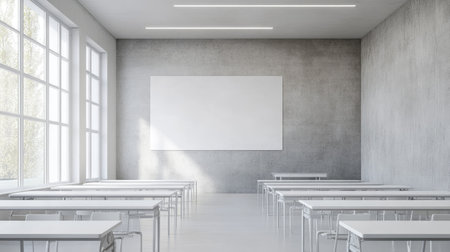 A spacious modern classroom featuring minimalist design elements, ample natural light from large windows, and a clean aesthetic perfect for educational environments or presentations.の素材