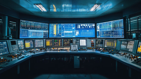 A modern control room featuring numerous high-resolution screens displaying vital data and analytics for industrial monitoring and management processes.の素材