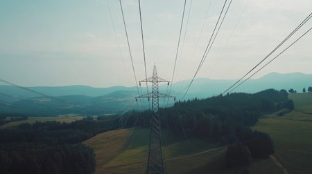 A breathtaking view of power lines crossing a serene landscape of green hills and distant mountains under a clear blue sky, highlighting nature's beauty and energy connectivity.の素材