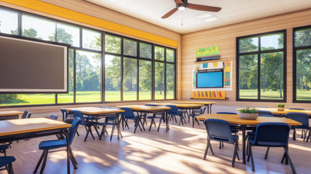 A bright classroom featuring modern furniture arranged around large windows. The space is designed for inspiration and comfort, overlooking a serene outdoor view.の素材