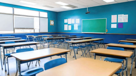 This vacant classroom displays a bright blue interior with neatly arranged desks and chairs, providing an inspiring environment for learning and academic growth.の素材
