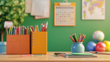 An inviting classroom desk scene filled with colorful art supplies and stationery against a vibrant green wall, inspiring creativity and learning in any environment.の素材