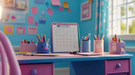 A vibrant workspace featuring a colorful desk setup with stationery items, a calendar, and decorative accessories, perfect for inspiring creativity and productivity.の素材
