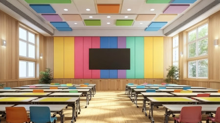 Explore a vibrant modern classroom featuring colorful wall panels, ample natural light, and a flexible seating arrangement promoting an engaging learning experience.の素材
