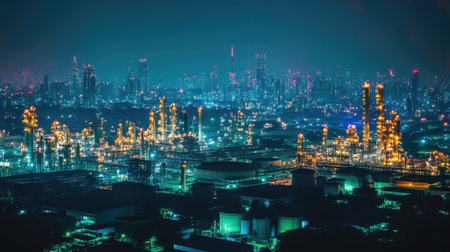 A stunning view of a bustling industrial complex at night, with illuminated refineries and a vibrant city skyline glowing in the background, showcasing urban development and energy.の素材