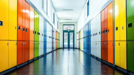 A vibrant school corridor featuring bright lockers and an inviting atmosphere. The layout promotes organization, collaboration, and modern educational experiences.の素材