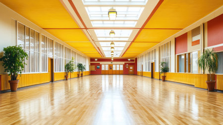 This image showcases a spacious hallway with a polished wooden floor, vibrant orange and yellow walls, and decorative plants, creating a warm and inviting atmosphere.の素材
