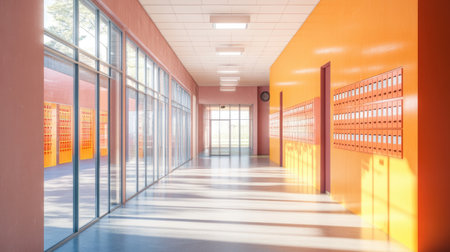 This image captures a bright and modern school hallway featuring orange walls and large windows. The spacious area highlights lockers and a serene atmosphere, ideal for educational settings.の素材