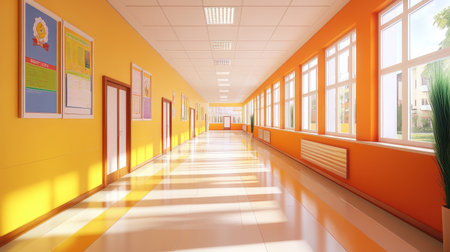 A vibrant school corridor showcasing orange walls, large windows, and a clean, spacious layout, perfect for educational environments and inviting learning experiences.の素材