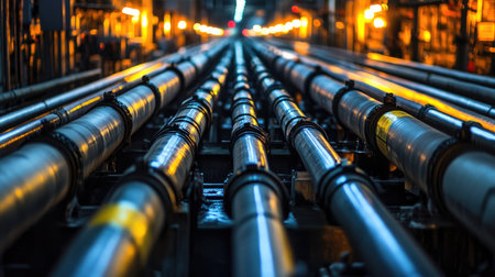 View of industrial pipelines extending into the distance within a factory setting. The scene features metallic structures illuminated by soft lights, emphasizing modern manufacturing.の素材