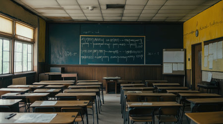 A quiet and empty classroom featuring wooden desks arranged for students. Natural light streams through windows, creating a serene environment for education.の素材
