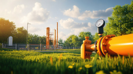 Close-up view of a striking orange industrial valve with a pressure gauge set against a serene landscape. This image captures modern gas facilities and lush greenery.の素材
