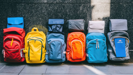 This image captures a line of vibrant backpacks in various colors on an urban sidewalk, showcasing their stylish designs and practical features for travelers and students.の素材