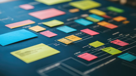 Colorful sticky notes scattered on a dark surface represent brainstorming and organization in a modern office setting, showcasing creativity and collaborative planning.の素材