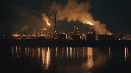 A striking night scene of an industrial complex emitting smoke from smokestacks, reflected in calm water, highlighting urban life and environmental impact.の素材