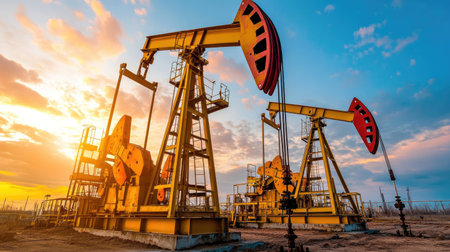 The image captures pumpjack oil rigs silhouetted against a vibrant sunset, illustrating the energy production process and industrial activity in a rural landscape.の素材