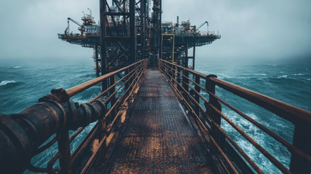 A striking view of a metal walkway leading to an offshore oil and gas platform, set against restless waters and a moody sky that evokes the vastness of marine industry.の素材
