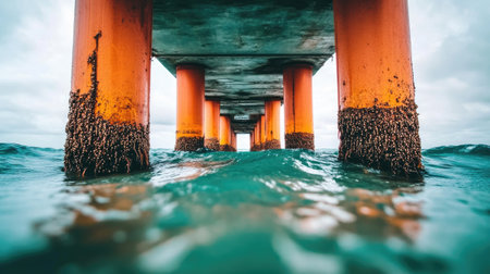 An engaging perspective from beneath a pier showcasing rust-colored pillars amid turquoise waves, creating a serene yet dramatic shoreline atmosphere.の素材