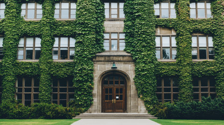 This image features a historic academic building adorned with lush green ivy. The charming architecture is complemented by a welcoming entrance and vibrant landscape.の素材