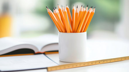 A collection of bright orange pencils arranged in a stylish white pot on a desk, accompanied by a notebook and ruler, perfect for education and creativity themes.の素材