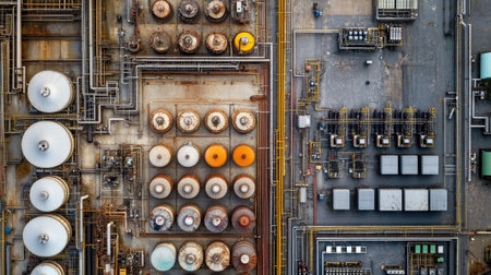 An overhead perspective of a bustling industrial complex, showcasing a variety of storage tanks, intricate pipelines, and vital machinery in a manufacturing setting.の素材