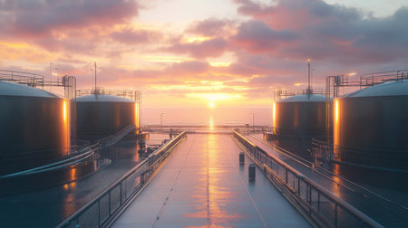Captivating view of industrial storage tanks during sunset, featuring a reflective pathway leading towards a vibrant sky. Perfect for energy sector imagery.の素材