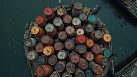 This image showcases a vibrant arrangement of colorful rusted oil drums on a barge, providing a striking aerial perspective over calm river waters in an industrial landscape.の素材
