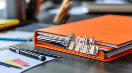 A vibrant orange binder sits prominently on a modern office desk, alongside pens and sticky notes, creating an inviting atmosphere for productive tasks and organization.の素材