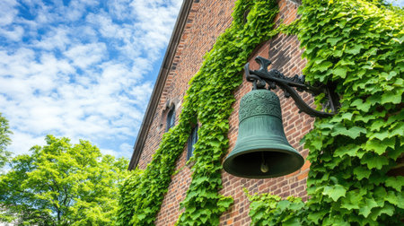 A charming bell hangs on a brick wall, surrounded by lush green ivy. The serene sky and soft clouds create an inviting atmosphere, perfect for capturing nature's beauty.の素材
