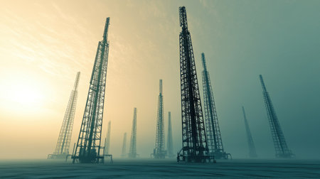 This image captures a group of oil drilling rigs in a foggy landscape at dawn, highlighting the intersection of industrial progress and natural beauty.の素材