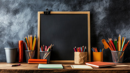 Discover a cozy workspace featuring a blank chalkboard surrounded by colorful pencils and art supplies. Perfect for creative projects and educational inspiration.の素材