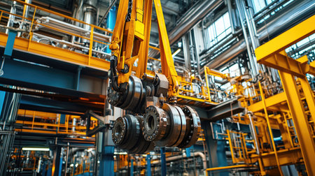 A detailed view of industrial machinery featuring hanging cranes and various equipment in a modern manufacturing facility. Showcases technology and design in action.の素材