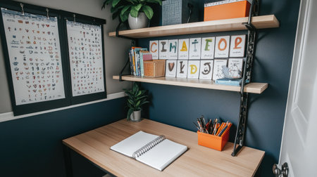 A cozy and organized home office workspace featuring elegant shelves, healthy plants, and educational posters, ideal for fostering creativity and productivity.の素材