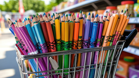 A vibrant assortment of colorful pencil crayons fills a shopping cart in a retail store, showcasing a lively atmosphere perfect for art and creativity.の素材