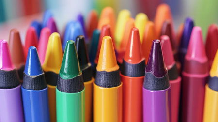 A close-up view of various vibrant crayons arranged beautifully, perfect for illustrating creativity and artistic expression in educational and playful settings.の素材