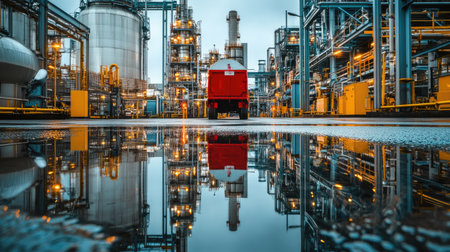 An industrial plant features a vibrant reflection in a water puddle, showcasing complex machinery and equipment in an urban setting under an overcast sky.の素材