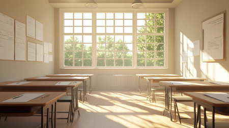 A well-lit classroom showcasing large windows that allow natural light to fill the space. The inviting environment promotes a sense of calm and creativity for students.の素材