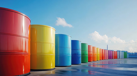 A vibrant row of colorful industrial drums stands neatly arranged outdoors, reflecting bright hues under a clear blue sky, showcasing modern design and organization.の素材