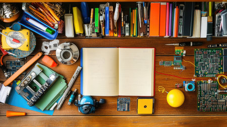A vibrant workspace filled with various tools, stationery, and electronics, accompanied by an open book, perfectly illustrating a creative and organized environment for makers.の素材