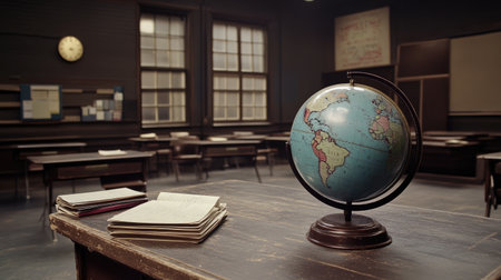 A nostalgic classroom scene featuring a globe on a wooden desk alongside stacked notebooks. The soft lighting creates a warm atmosphere perfect for educational content.の素材