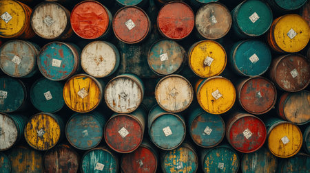 Captivating image showcasing a collection of colorful, weathered drums stacked together, highlighting unique textures and vibrant hues that add character to any industrial space.の素材
