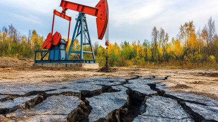 A striking image featuring an oil pump jack in operation set against a backdrop of cracked earth and vibrant autumn trees, highlighting the industrial impact on nature.の素材