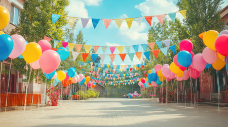 A lively outdoor party scene featuring colorful balloons and festive banners. The vibrant atmosphere creates a joyful setting for any celebration or gathering.の素材