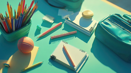 This vibrant arrangement of colorful stationery and school supplies captures a playful atmosphere perfect for students and creatives, emphasizing organization and style.の素材
