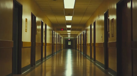 An empty hospital corridor featuring bright fluorescent lighting and closed doors, creating a serene atmosphere that evokes feelings of isolation and contemplation.の素材